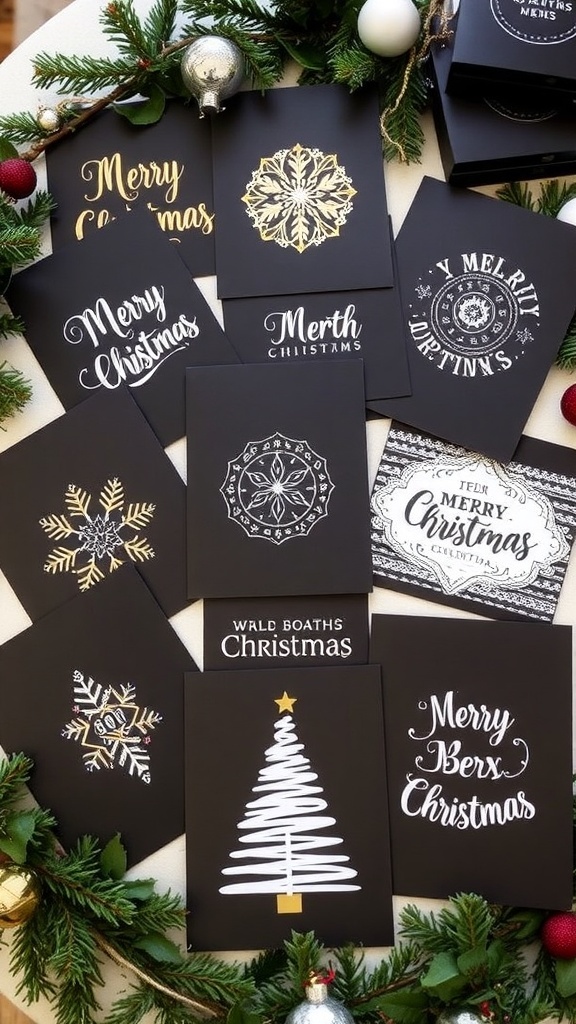 A collection of elegant black Christmas cards with gold and white designs on a festive table.